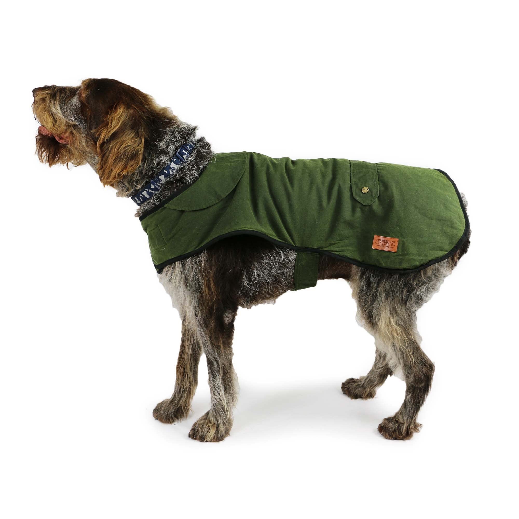 Ancol Heritage Wax Dog Coat Puppy Pet Winter Jacket Green Fleece Lined Warm Waterproof Reflective Edging Hook Loop Fastening Adjustable Leg Straps XX Large 70cm