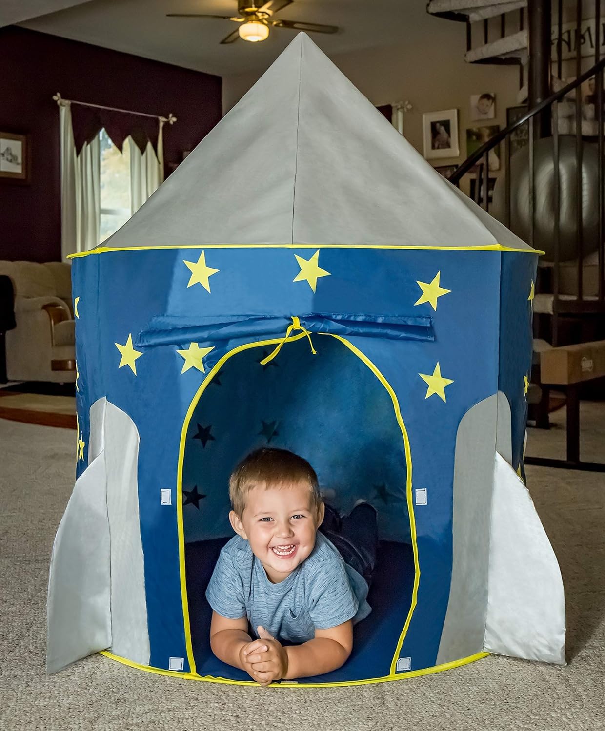 FoxPrint Rocket Ship Tent - Space Themed Pretend Play Tent - Space Play House - Spaceship Tent For Kids - Foldable Pop Up Star Play Tent Blue