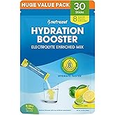 nutrazul Hydration Booster, Electrolytes Powder Sticks with Sodium, Potassium, Vitamin B6 & B12, No Artificial Sweeteners, Lemon Lime Flavor, 30 Sticks