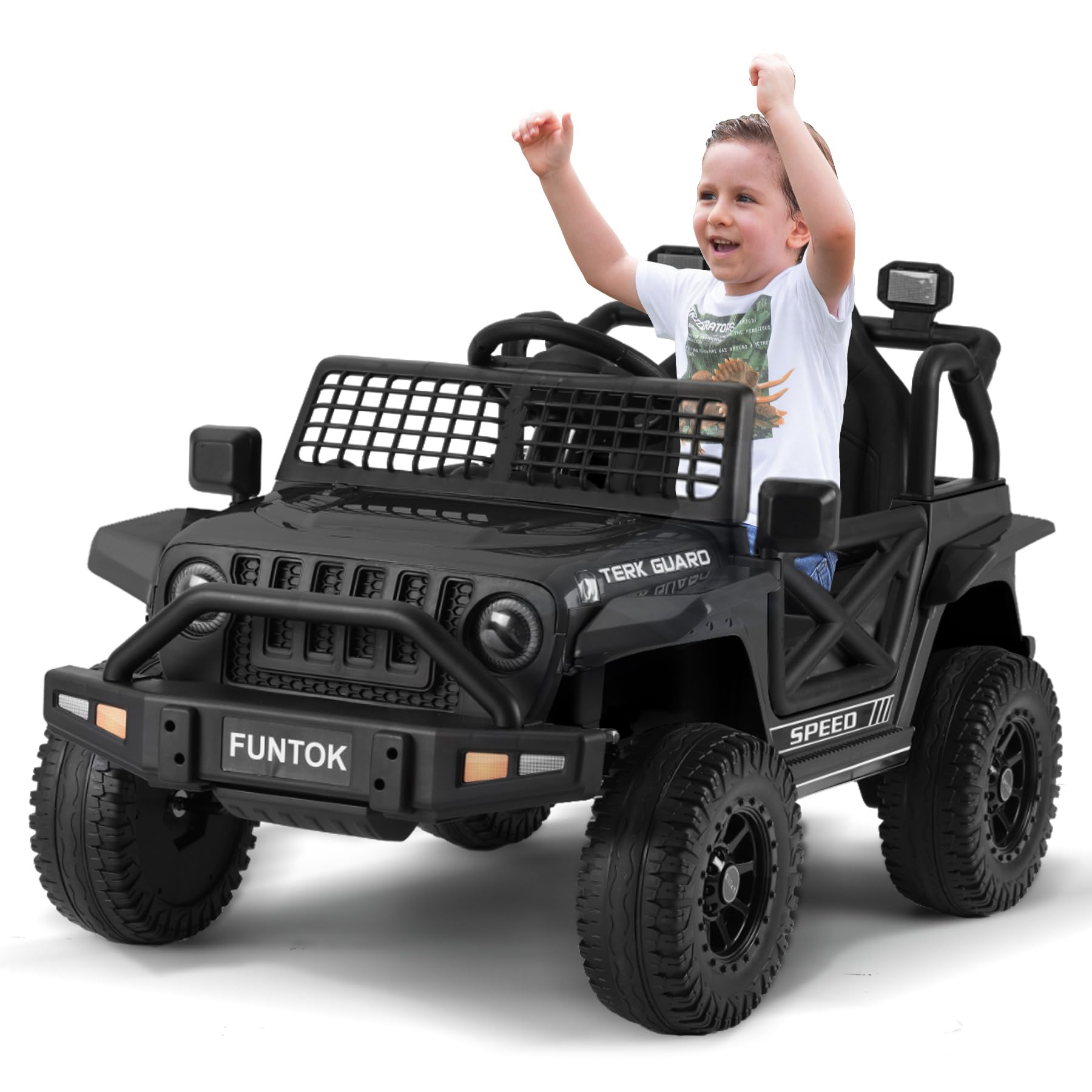 FUNTOK 12V 7AH Ride On Truck, Electric Car for Toddlers 1-3 w/Remote Control, LED Lights, 3 Speeds, Spring Suspension, Soft Start, Bluetooth Speaker, Music Player, Gifts for Boys and Girls (Black)