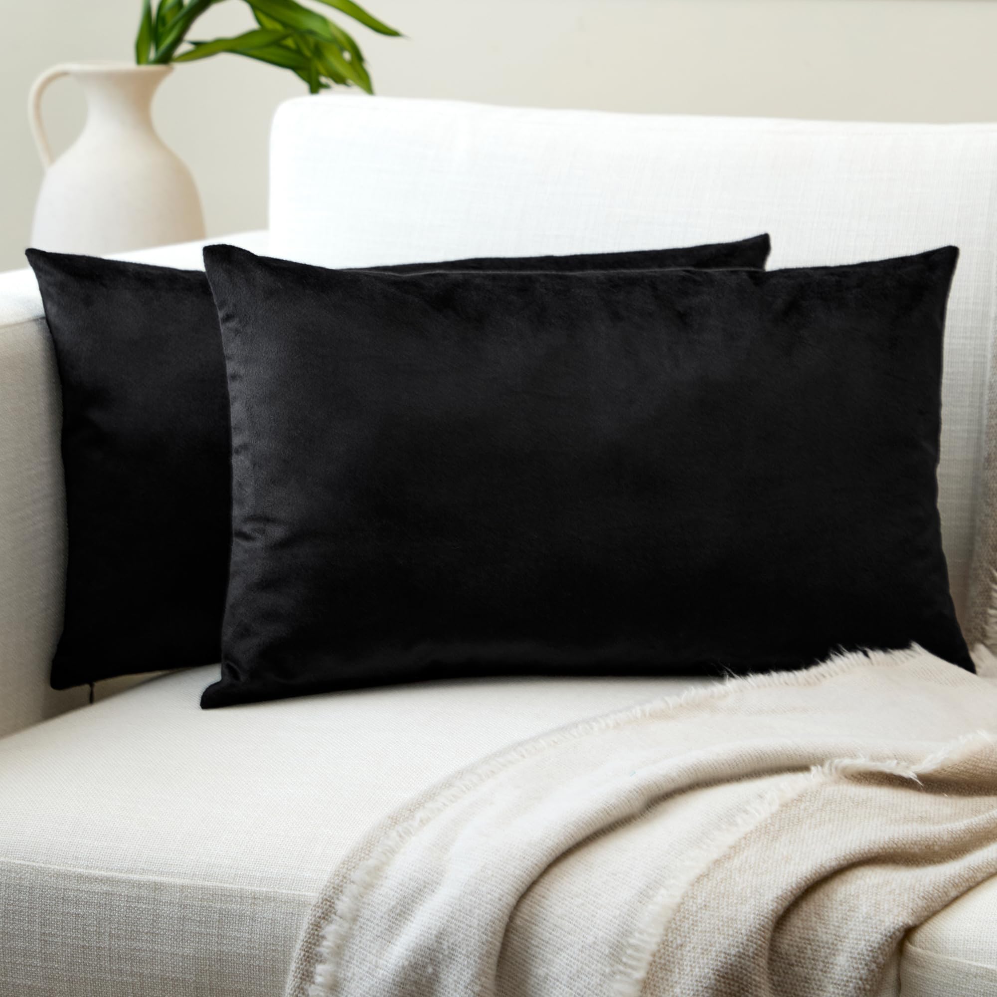 Encasa XO Velvet Cushion Covers (30x50 cm) Set of 02 | Black | Luxurious Square Velvet Throw Pillow Covers With Invisible Zippers | Living Room, Sofa, Chair