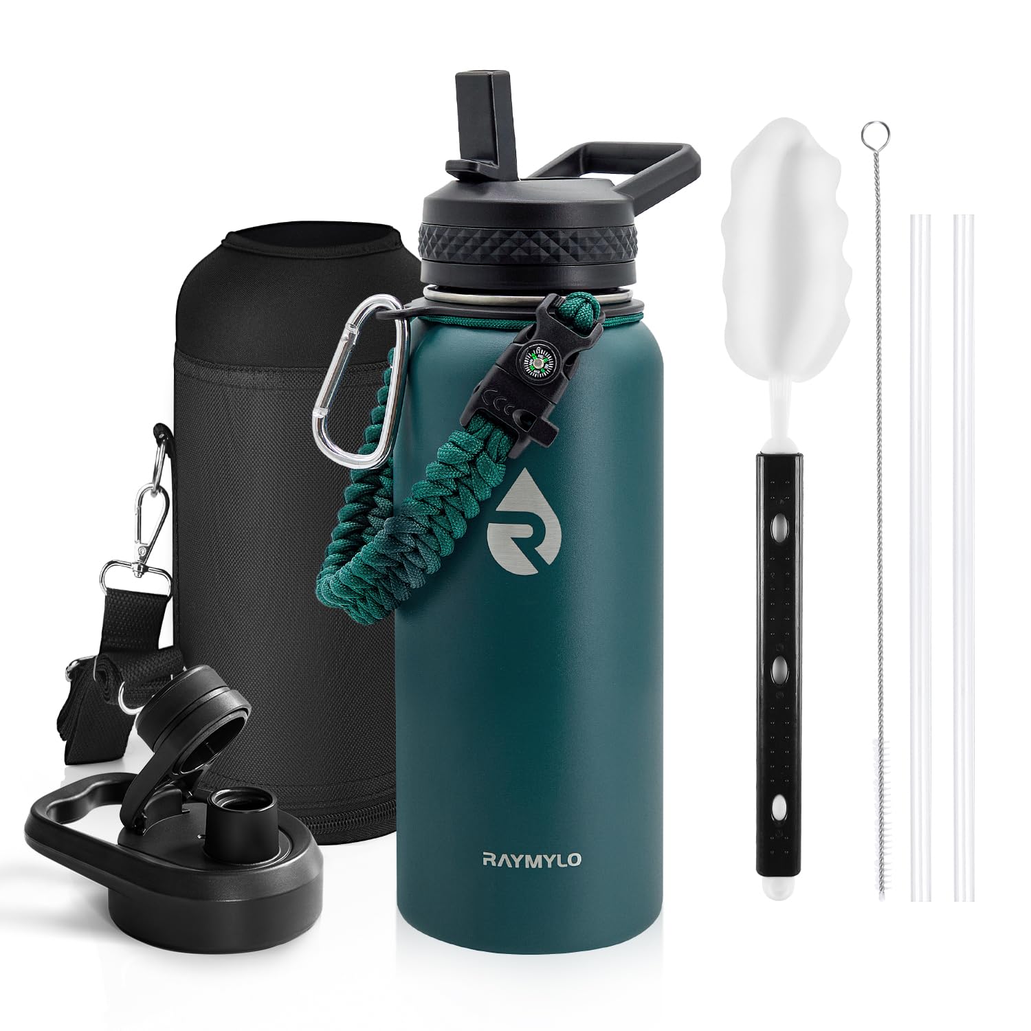 Photo 1 of RAYMYLO Insulated Water Bottle 32 oz, Triple Wall Vacuum Stainless Steel (Cold for 48 Hrs), Leak Proof & Non-BPA, Modern Water Flask Jug with Paracord Handle & Straw Spout Lids, Dark Green