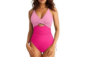 Aleumdr Women's Ribbed One Piece Swimsuit Tummy Control High Cut Bathing Suit Sexy V Neck Criss Cross Monikini
