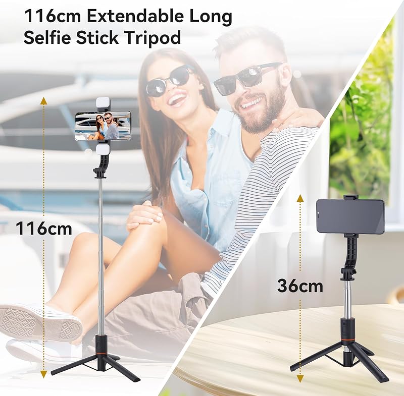 Perche à Selfie Trépied avec 2 Lumières, 116cm Extensible Trepied Smartphone avec Télécommande sans Fil et Vis de 1/4", Trépied Téléphone Portable Compatible avec iPhone/Android/GoPro/Camera