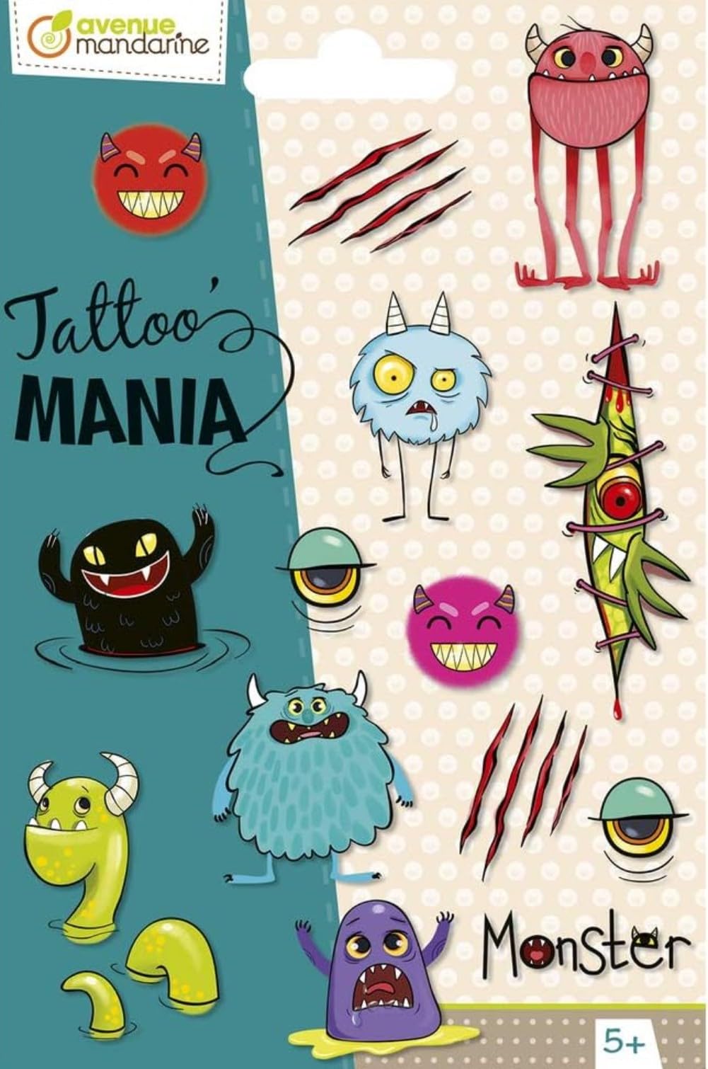Avenue Mandarine CC053C - TATTOO'MANIA - 1 sheet 10.5x16 cm of 15 TATTOOs - From 5 years - MONSTERS THEME - Children's Creative and Leisure Activity - DIY