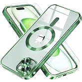 Misea Magnetic for iPhone 15 Case Compatible with MagSafe Green | [Never Yellowing] [Military Drop Protection] Full Camera Lens Protector Plating Soft Clear Phone Case for Women, Green