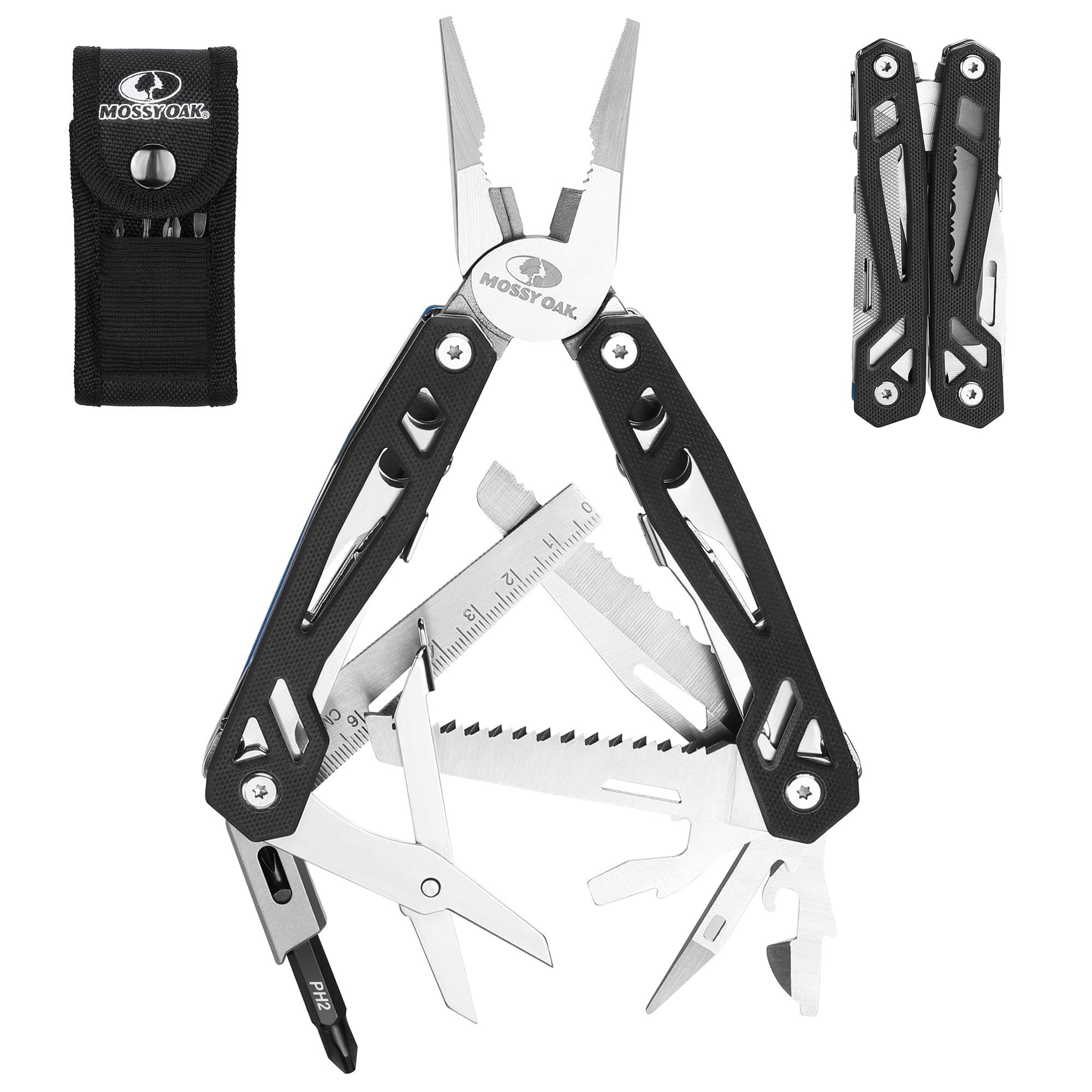 Mossy Oak 22-in-1 Multi-Tool Pliers Includes Carry Bag, Stainless Steel Multifunctional Tool Featuring A Wire Cutter, Bottle Opener, and Screwdriver, Perfect for Camping and Maintenance, Black