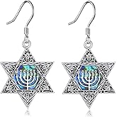 VONALA Star of David Sterling Silver Dangle Drop Earrings - Abalone Shell Hanukkah Chanukah Star of David Jewelry Gift for Women