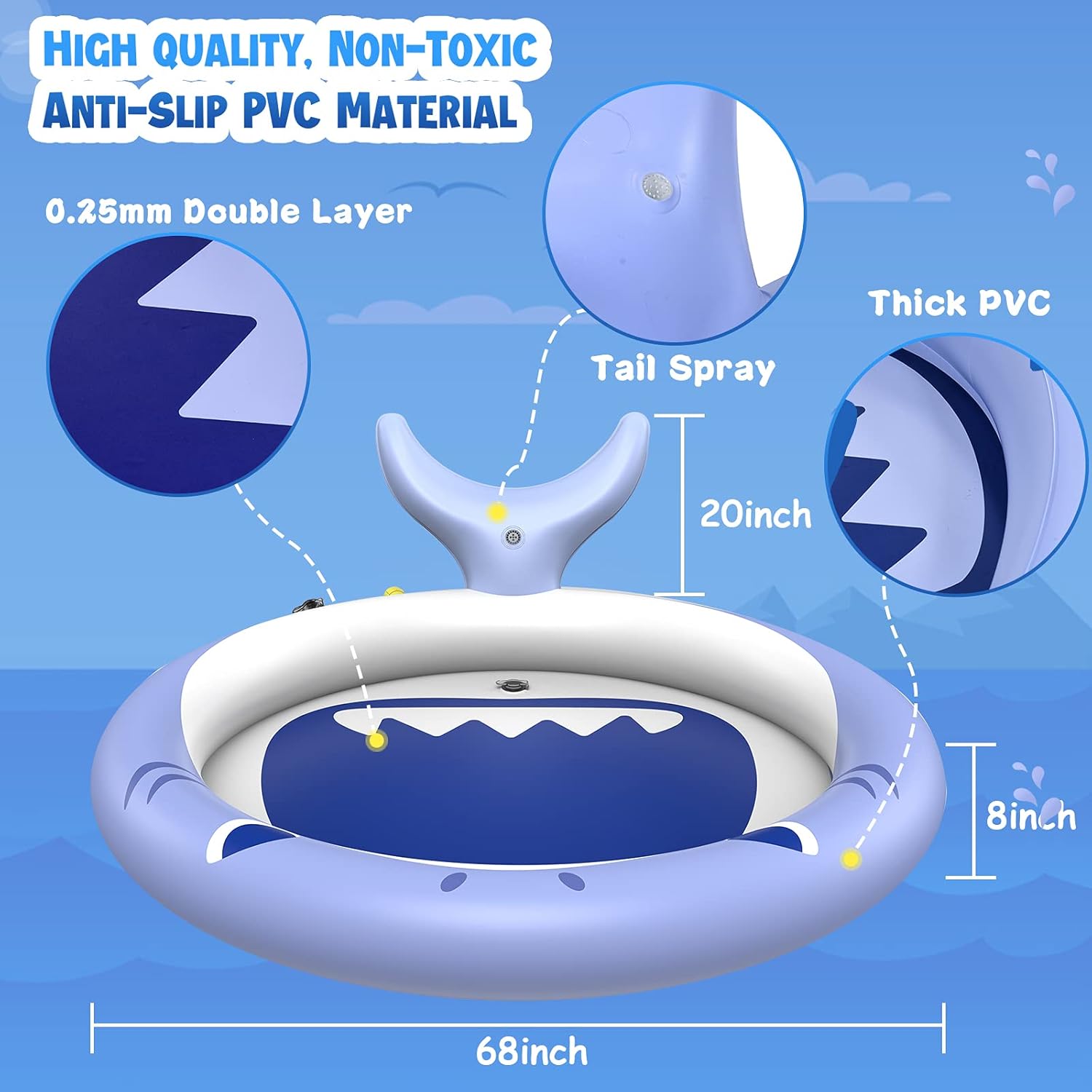 BWOU Splash Pad, 68inch Shark Sprinkler Play Mat, Swimming Pool Backyard, Outdoor Water Toy for Kids, Toddlers, Children, Pets: Kitchen & Dining