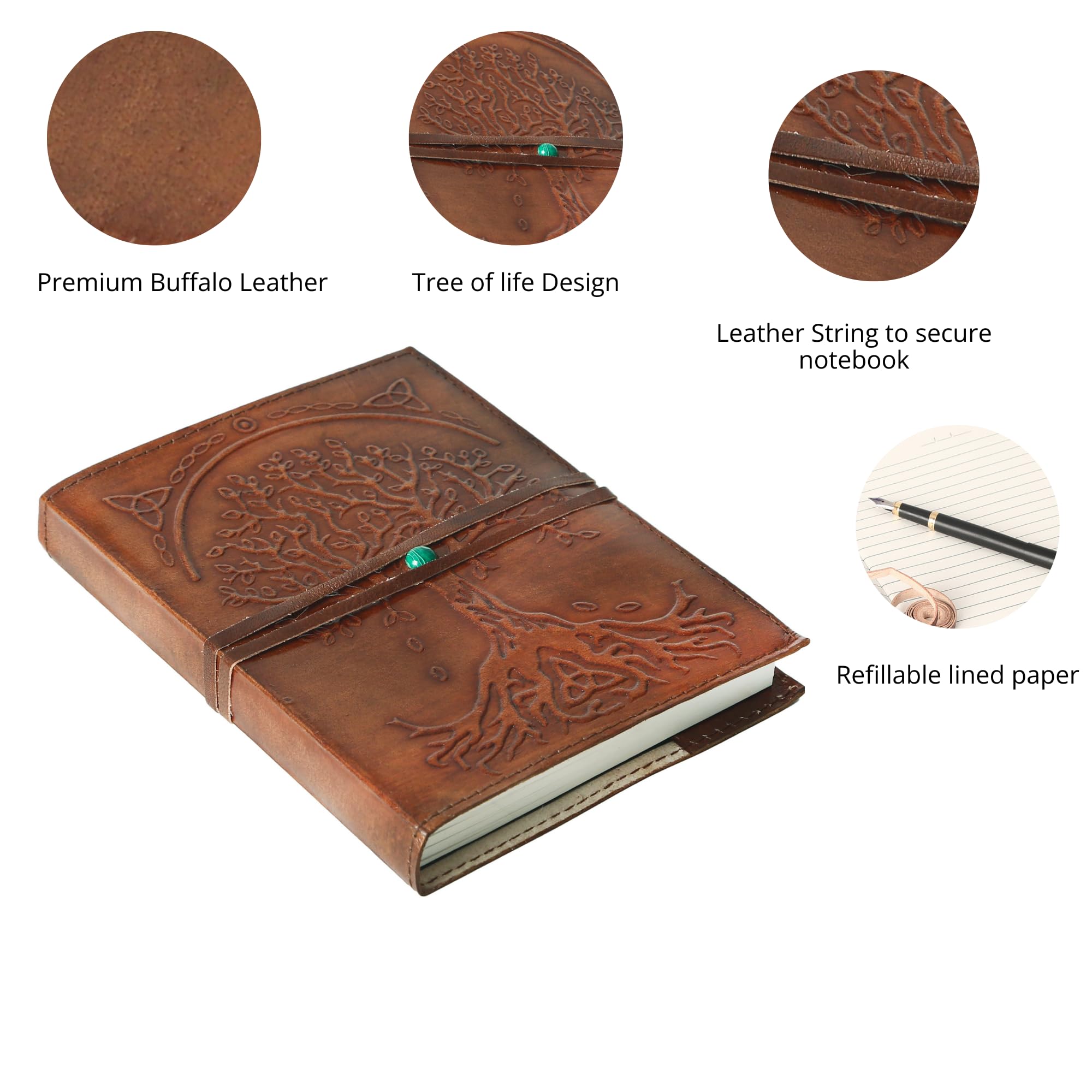 Leather Journal in Brown 7x5 Refillable Lined Paper Tree of Life Handmade writing Notebook Diary Leather Bound Daily Notepad for women and men Writing pad for Artist Sketch