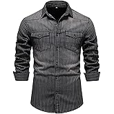 Kissonic Mens Denim Shirt Long Sleeve Slim Fit Jean Shirt for Men Button Down Causal Striped Denim Shirts