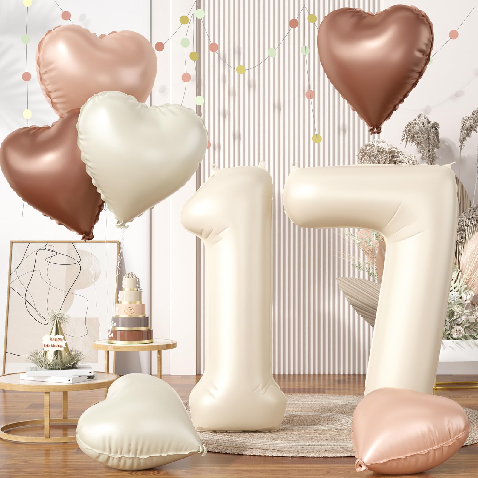Biapian 40 Inch Cream 17 Balloon, Large 17 Balloon Number with 17 Inch Nude Brown Tan Beige Neutral Cream Foil Heart Balloons for Boys Girls 17th Birthday Party Boho Anniversary Party Decorations