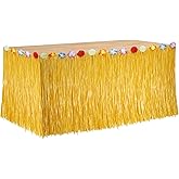 1Pc Luau Grass Table Skirt, Hawaiian Party Decorations Hawaiian Table Skirt 30'' x 9 Feet with Hibiscus Flowers Straw Yellow Party Skirt for Luau Party Hawaiian Theme Party