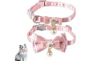2pcs Adorable Cat Collars with Bow, Adjustable Breakaway Kitten Accessories with Pearl Pendant Detachable Pink Bowtie Collars