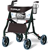 STEPPILOT Rollator Walkers for Seniors with Seat Supports 350lb,19.2 Lbs | 8" All Terrain Wheels&amp;Dual Brake, One-Hand Folds to 9.6",7-Level Handle Adjustable,Cup Holder&amp;Cane Clip