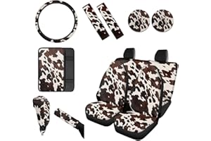Wanyint Brown Cow Print 12 Pieces Car Seat Cover Full Set with Steering Wheel Cover Seat Belt Strap Wrap Cover Armrest Pad Handbrake Cover Gear Shift Cover Cup Holder Universal Fit for Truck Sedans