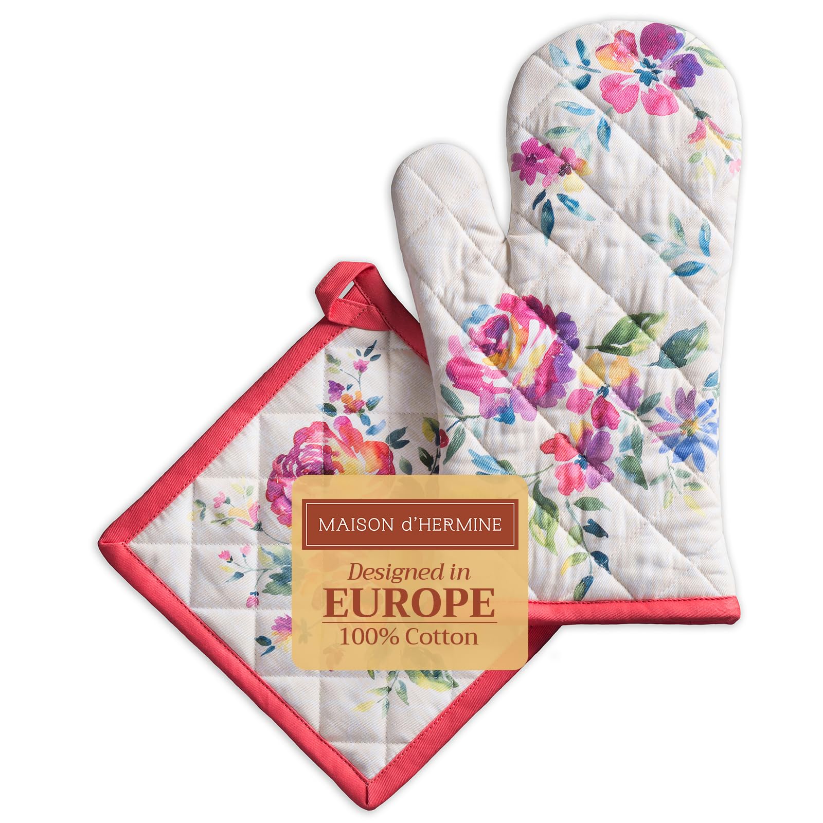 Maison d' Hermine 100% Cotton Oven Mitt & Pot Holder Set (19 x 33 cm & 20 x 20 cm) Heat Resistant BBQ Cooking Gloves with Loop for Baking Handling Hot Pans Gifts for Mothers Day (Rose Garden)