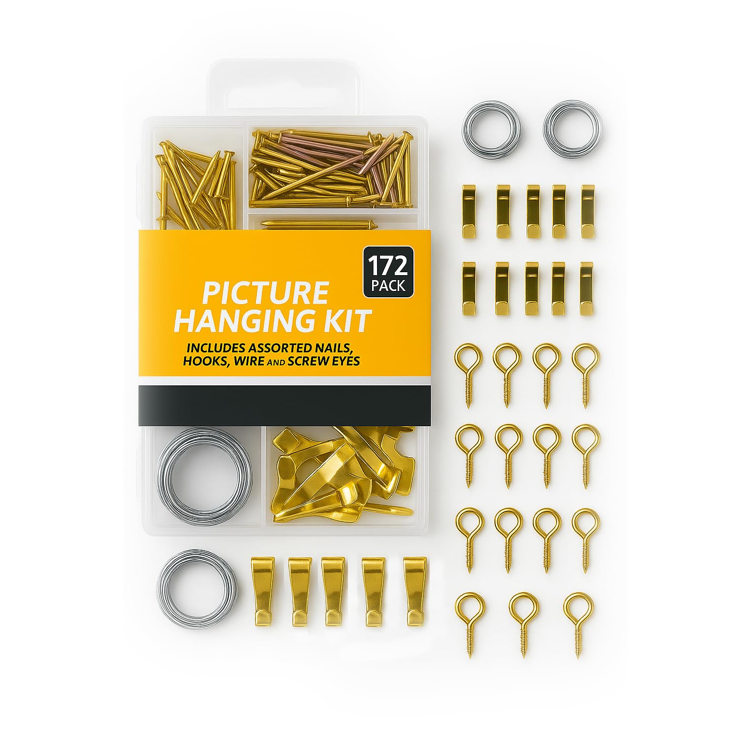 172pc Hanging Set - Quality Hooks, Wire and Nails Kit, Iron & Copper Nails, Copper Rings & Stamped Hook, Picture Hanging Wire