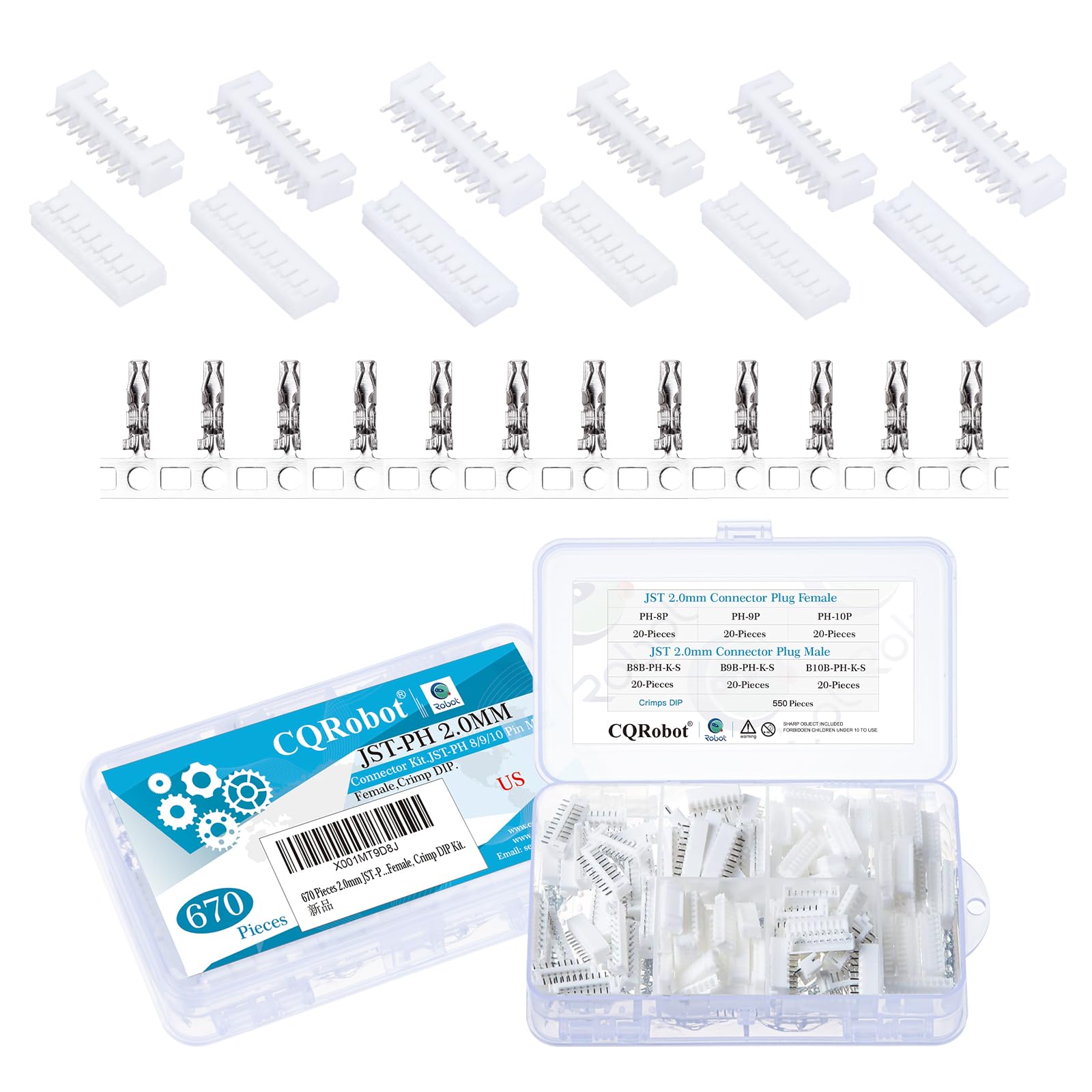 CQRobot JST PH 2.0 mm Pitch 8-Pin/9-Pin/10-Pin Electronic Connector IC Male Plugs, Female Sockets Housing and T-Shaped Crimp Terminal Kit. 60 Sets/670 Pieces Wire-to-Board Adapter Cable Assembly.