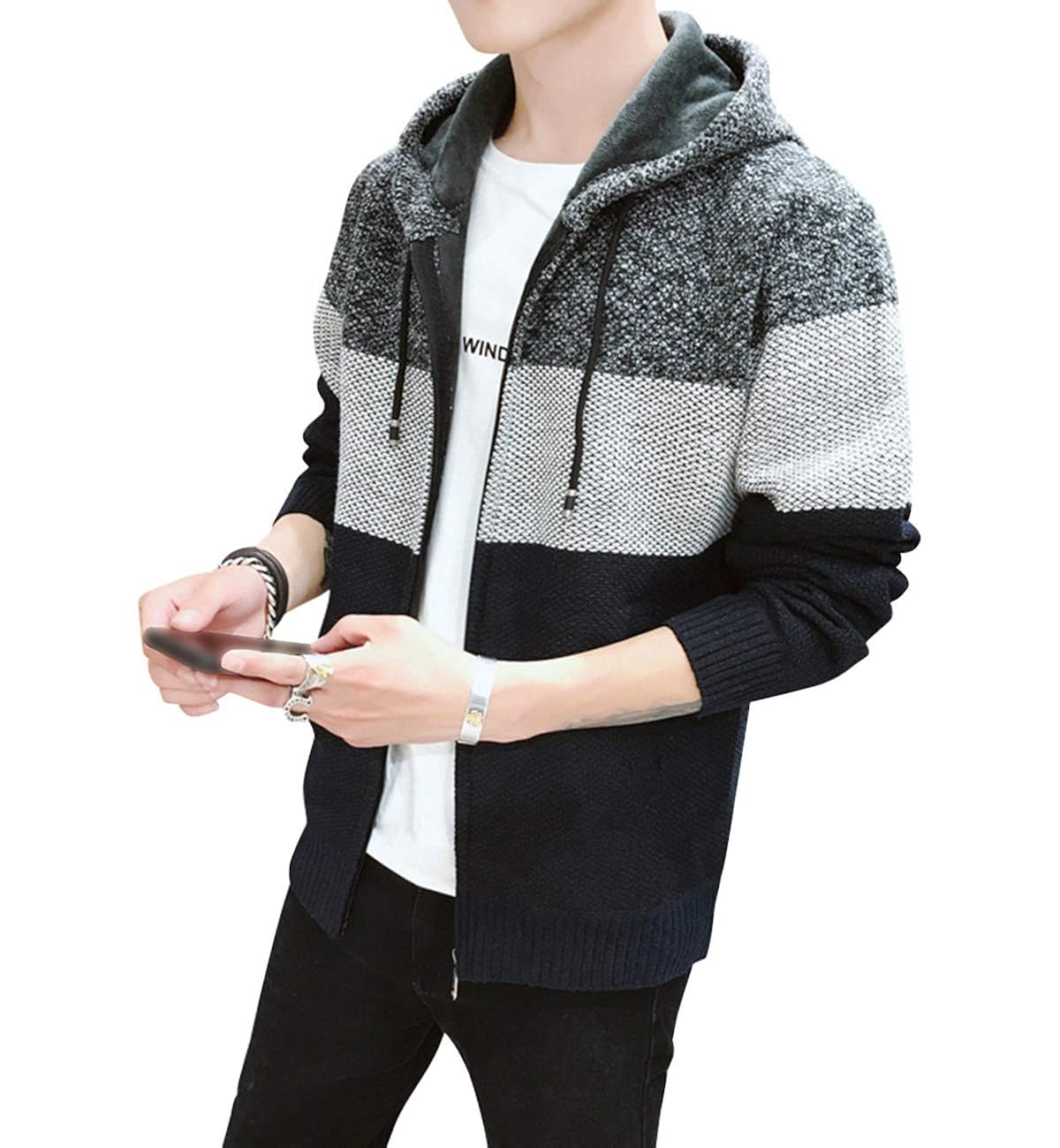 (ハバー) Habor ニットパーカー メンズ ジップアップ ニット セーター カーディガン あったか ジャケット 裏起毛 アウター フード付き L