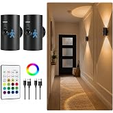 EZVALO Motion Sensor Wall Light, Rechargeable Wireless LED Sconce | 3CCT &amp; RGB, No Drill Mount, Remote, Dimmable, Magnetic, Ambient for Living Room, Bedroom, Hallway - 2 Pack, Modern Black
