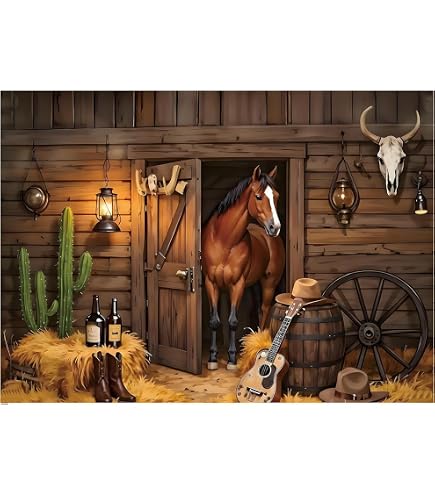 Western-Fotohintergrund Für Cowboy-Partys – Rustikale Old-Western-Town Mit Fass & Wagenrad, Perfekt Für Kinderfotos
