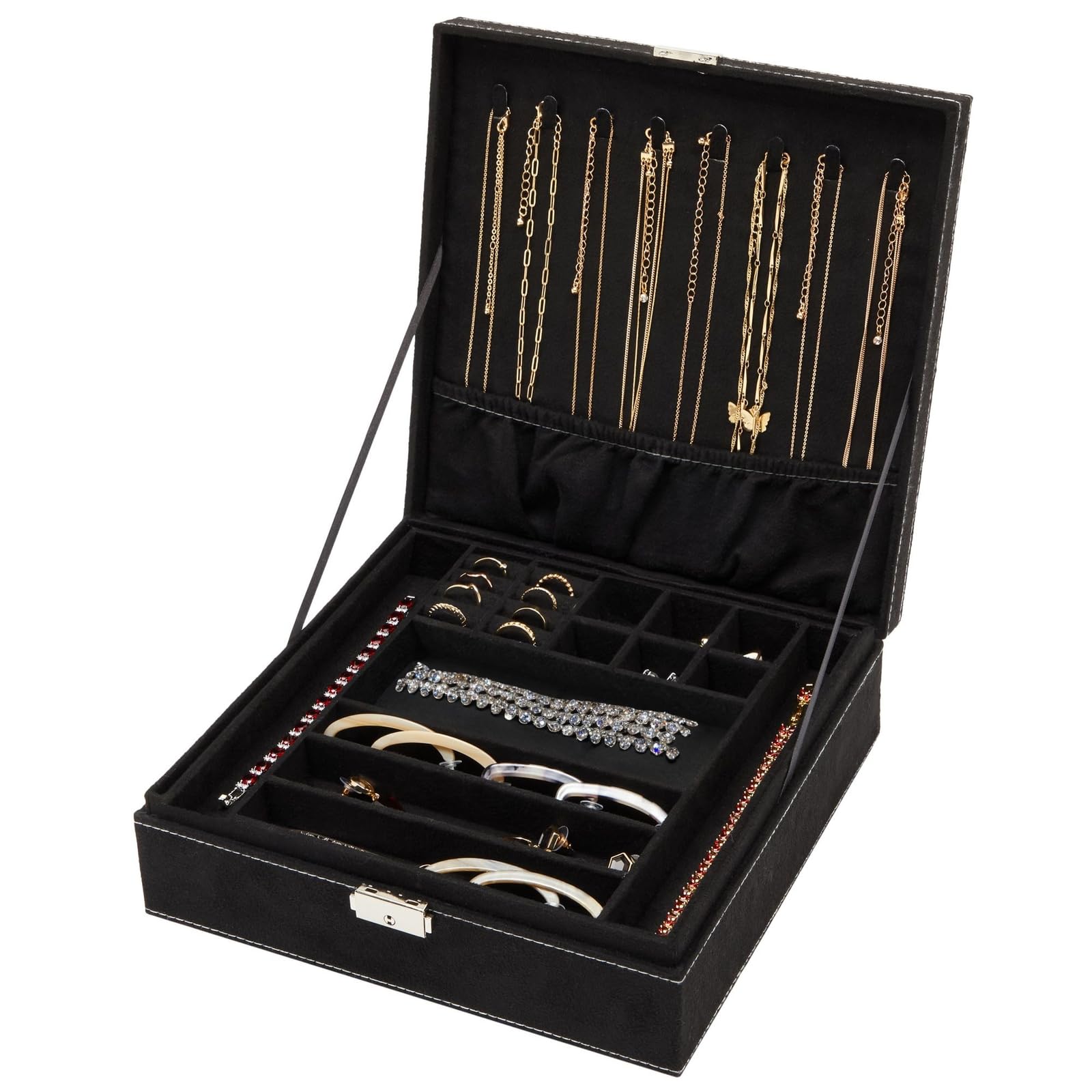 Juvale Velvet Jewelry Box Organizer - Lockable 2 Layer Travel Case, Earrings Storage with Removable Tray for Women, Men (Black) - Jewelry Organizer Decorative Tray