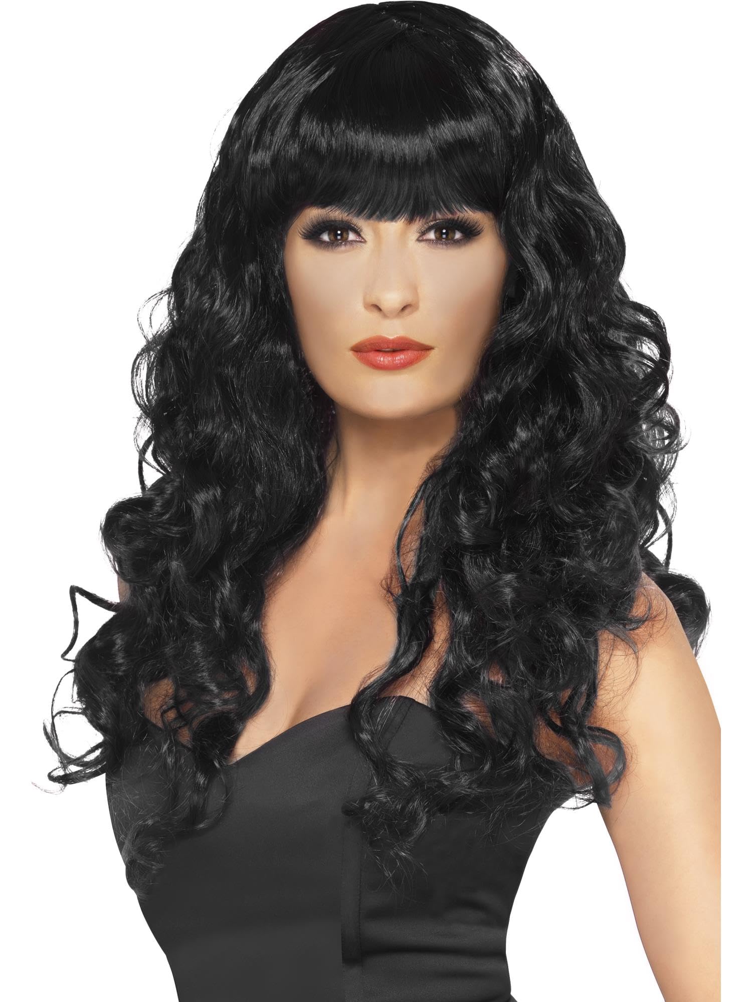 Smiffys Siren Wig, Black Long, Curly with Fringe, Ladies Glamour Wigs Fancy Dress, Adult Dress Up Wigs Halloween