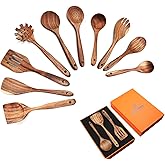 BOKALAKA Wooden Spoons for Cooking,10 Pcs Natural Teak Wooden Cooking Utensils Wooden Kitchen Utensils Set Wooden Utensils for Cooking Wooden Spatulas for Cooking