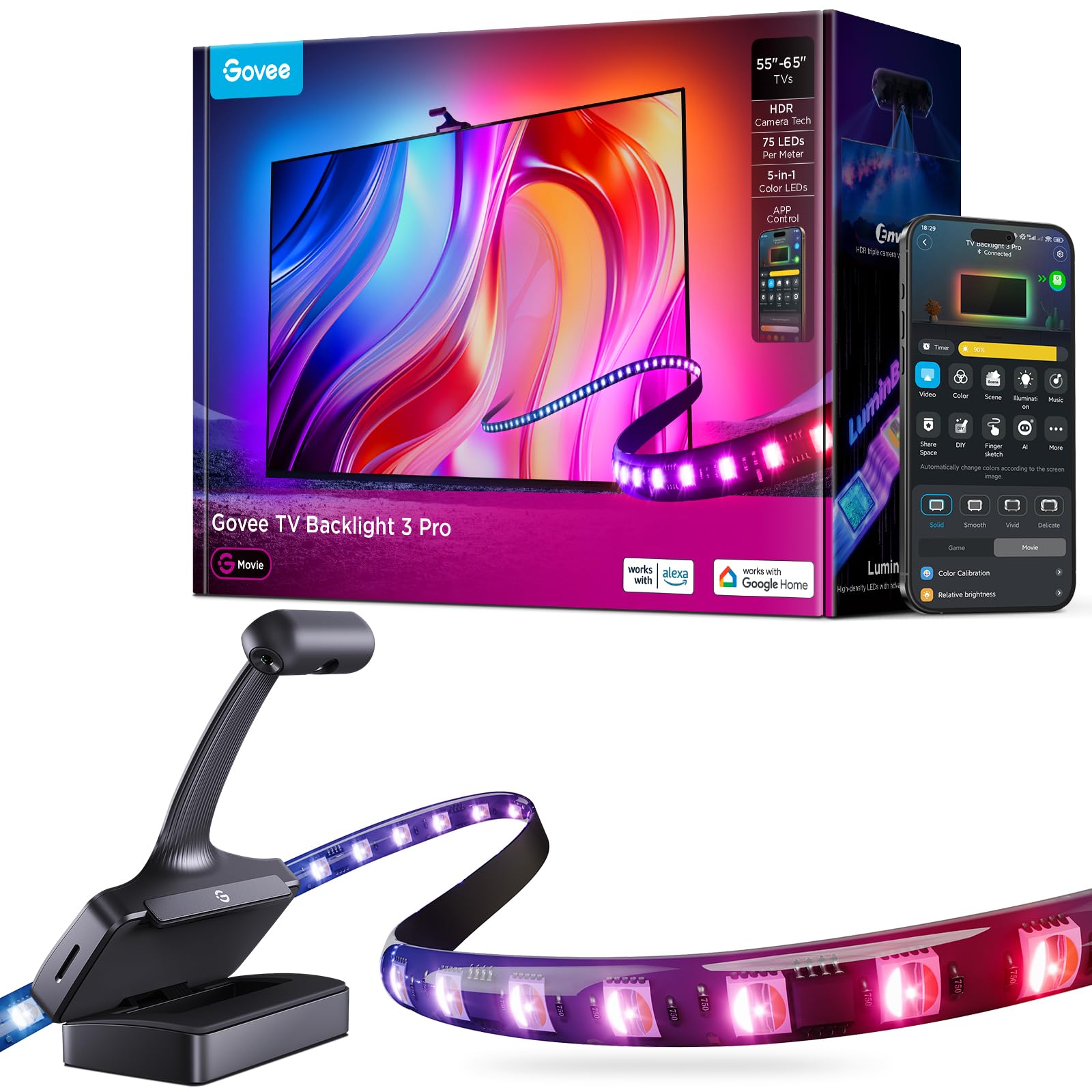Govee TV Backlight 3 Pro with HDR Triple Camera, 3.6M 5-in-1 RGBWWIC LED Strip Lights That Change with 55-65inch TVs, 75LEDs/m, Supports AI Filter, Smart App and Vioce Control, DreamView Sync