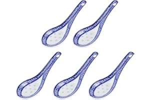 5Pcs Elegant Chinese Ceramic Soup Spoons Multi-Function Tableware for Ramen Ice Cream and Soups Traditional Blue Floral Desig