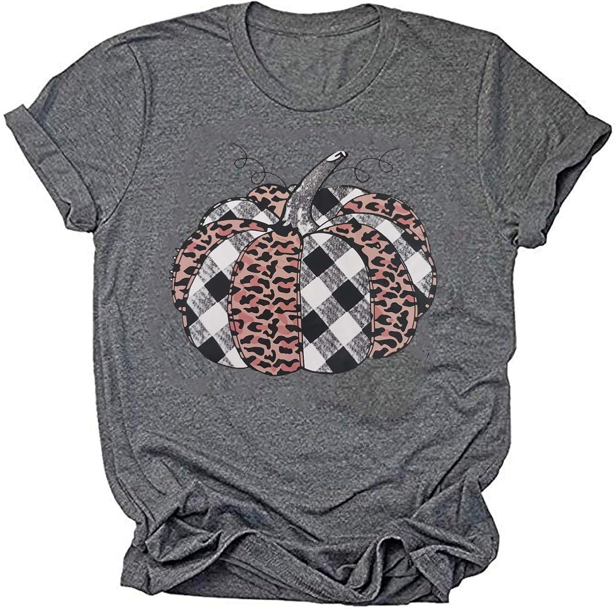 Woffccrd Womens Funny Leopard Pumpkin Printed Shirts Halloween Short Sleeve Graphic Tees Fall T-Shirts Tops: Clothing