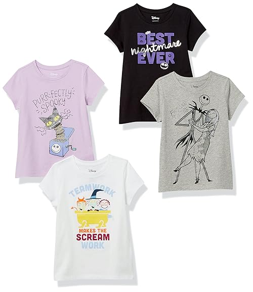Amazon Essentials Disney | Marvel | Star Wars | Frozen | Princess Girls' Short-Sleeve T-Shirts, Pack of 4, Black/Grey/White/Nightmare Spooky, Medium