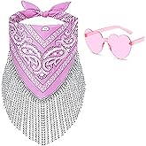Ricawa Fringe Rhinestone Bandana Disco Cowgirl Bachelorette Sparkly Bandanas for Women Men Halloween, with Heart Sunglasses