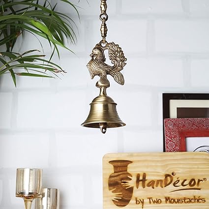 Two Moustaches Vintage Brass Temple Bell with Peacock On Chain (Bell - 3.5 x 3.5 x 7 Inches, Chain - 17 Inches)