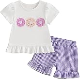 fhutpw Toddler Baby Girls Summer Clothes Smocked Short Sleeve T-Shirt Tops Ruffled Plaid Short Sets Cute Outfits 2Pcs
