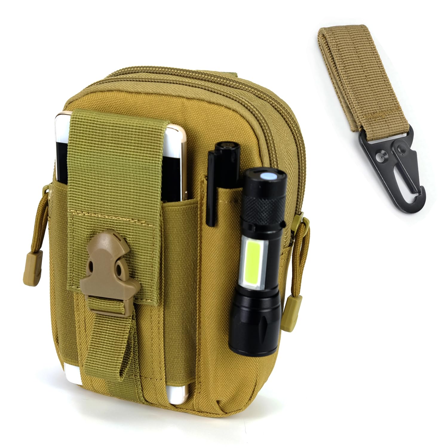 Piscorush Tactical Waist Pouch MOLLE EDC Pouch Outdoor Man Waist Bag with Phone Belt Clip Holder Holster Carrying Pouch for Smartphone (With Tactical Webbing Carabiner, Khaki)