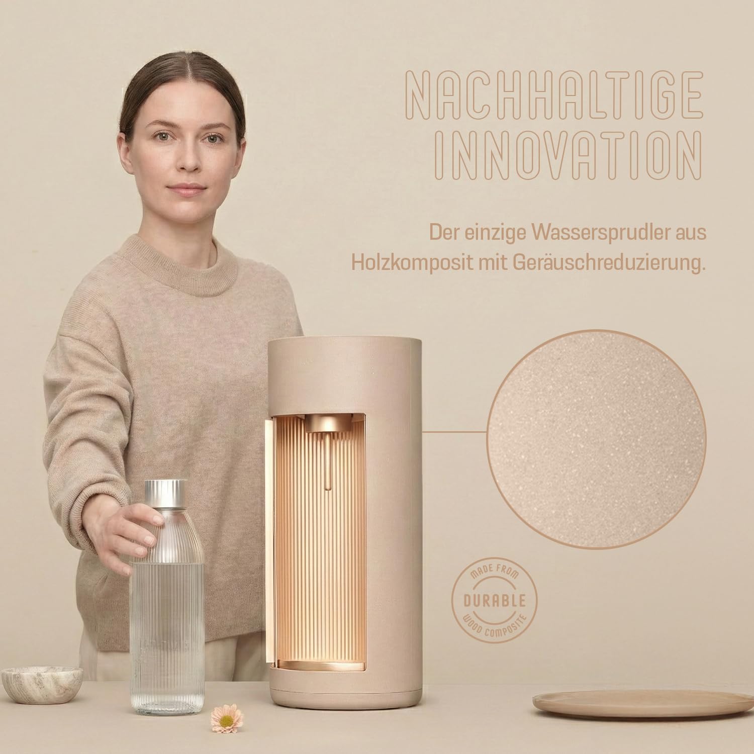 Mysoda: Glassy Wassersprudler aus Holzkomposit mit CO2-Zylinder und 1L Glasflasche & BPA-Frei 1L Plastikflasche - Latte 4
