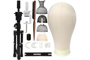 WOWANGEL Wig Stand Tripod with Head, 23 Inch Canvas Mannequin Head Set for Wigs Making Display with Mount Hole C Stand, Wig Caps, T-Pins, Bristle Brush
