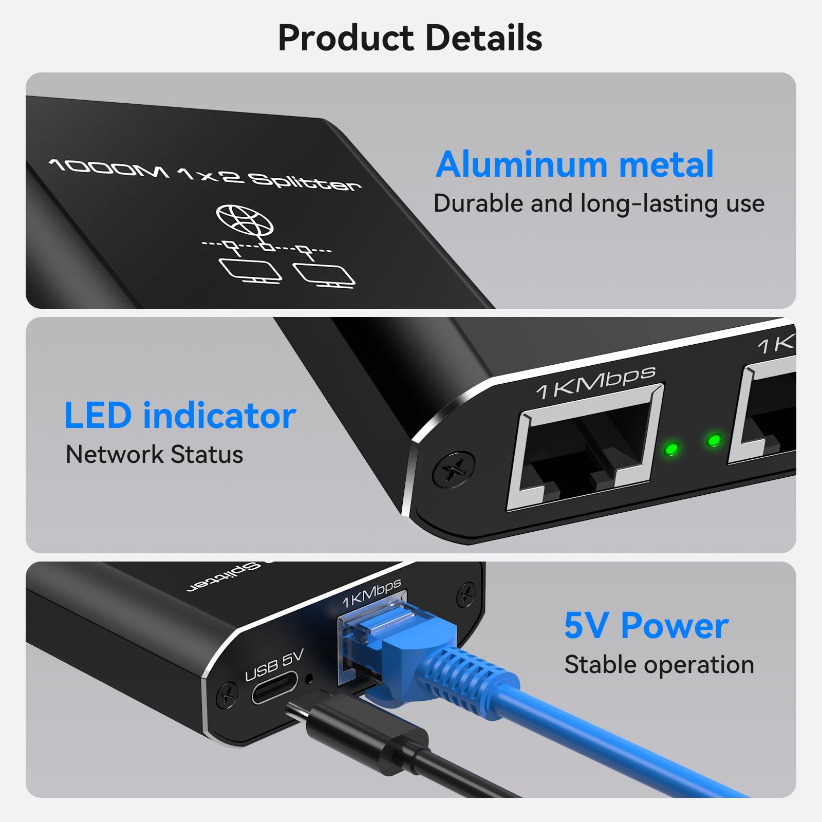 VEDINDUST LAN Splitter 1 auf 2 1000Mbps Ethernet Splitter 2 Port Mit Type-C-Netzkabel Gigabit Switch für Computer, Hub, Router, Set-Top Box, Digital TV, et 6