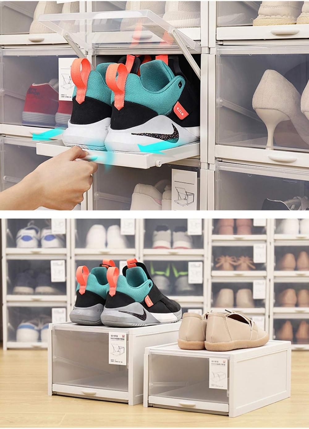 shelves for shoes on wall on Amazon Com Plastic Pull Shoe Storage Box Clear Stackable Shoes Boxes Cabinet Organizer Flip Drawer Grey 3pcs For Man Home Improvement