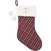 Just Jolly 20" Classic Plaid Christmas Stockings Initial Monogram Embroidered Stockings with Pom Pom Ball for Christmas Fireplace Decor and Xmas Gift (T)