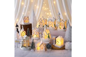 Shappy 48 Pcs Christmas Village Houses Town Buildings Accessories 10 Light up Christmas Village House 12 Mini Trees 12 LED Lights 2 Snow Blanket Box for DIY (Fresh Style)