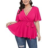SCOMCHIC Women's Plus Size Short Sleeve V Neck Wrap Belted Ruffle Peplum Blouse Tops