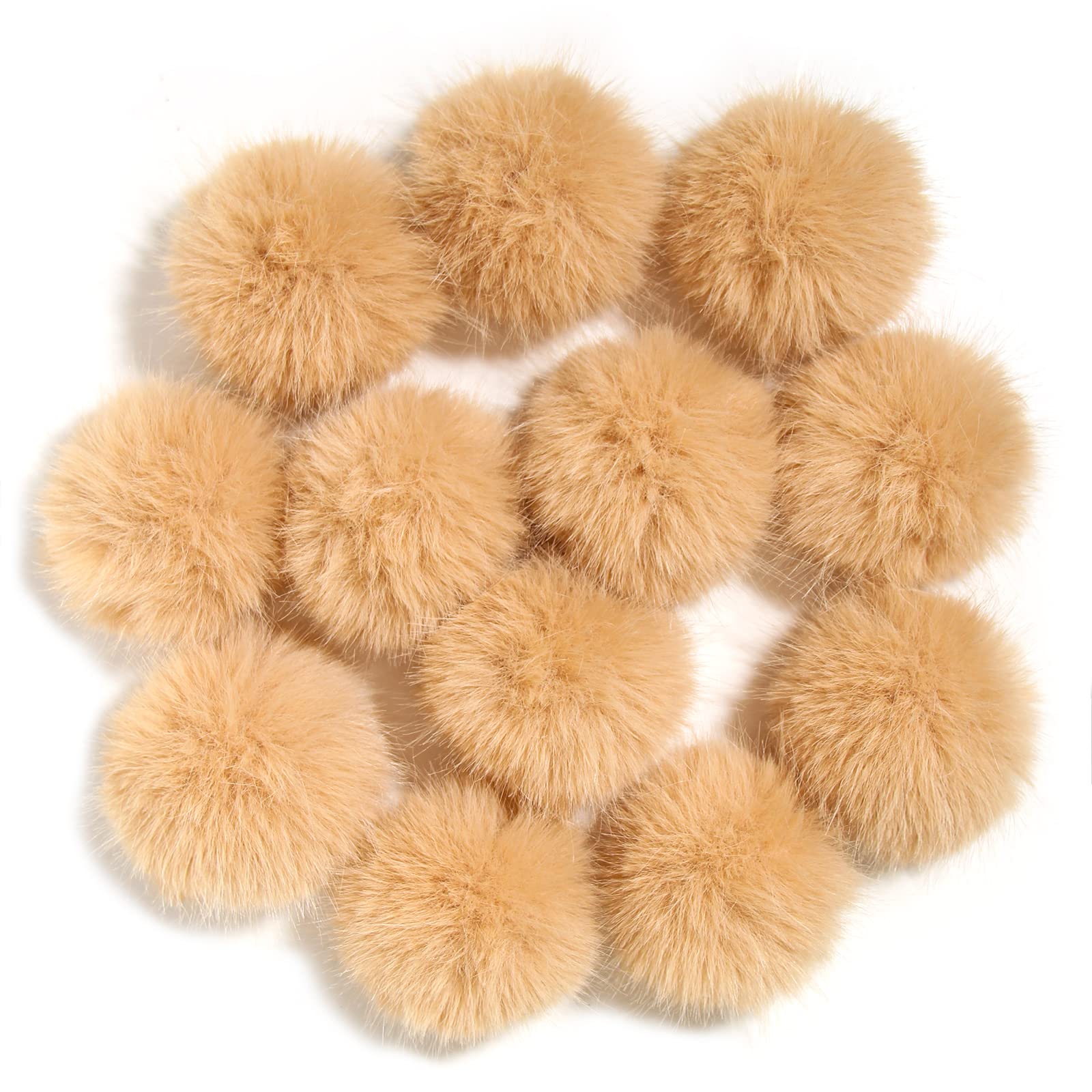 Furling Pompoms Faux Fur Pom Poms Fluffy Pompom Ball with Elastic Cord for Knitting Crafts Hats Christmas Charm DIY Accessories,Pack of 12,3 Inches (Camel)