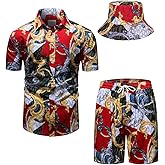 fohemr Mens Luxury Outfit Set Black Gold Shirts And Shorts 2 Piece Tracksuit Set Baroque Button Down Suit with Bucket Hats