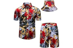 fohemr Mens Luxury Outfit Set Black Gold Shirts And Shorts 2 Piece Tracksuit Set Baroque Button Down Suit with Bucket Hats