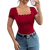WDIRARA Women's Square Neck Short Sleeve T Shirts Scalloped Trim Ruched Tee Fitted Tops