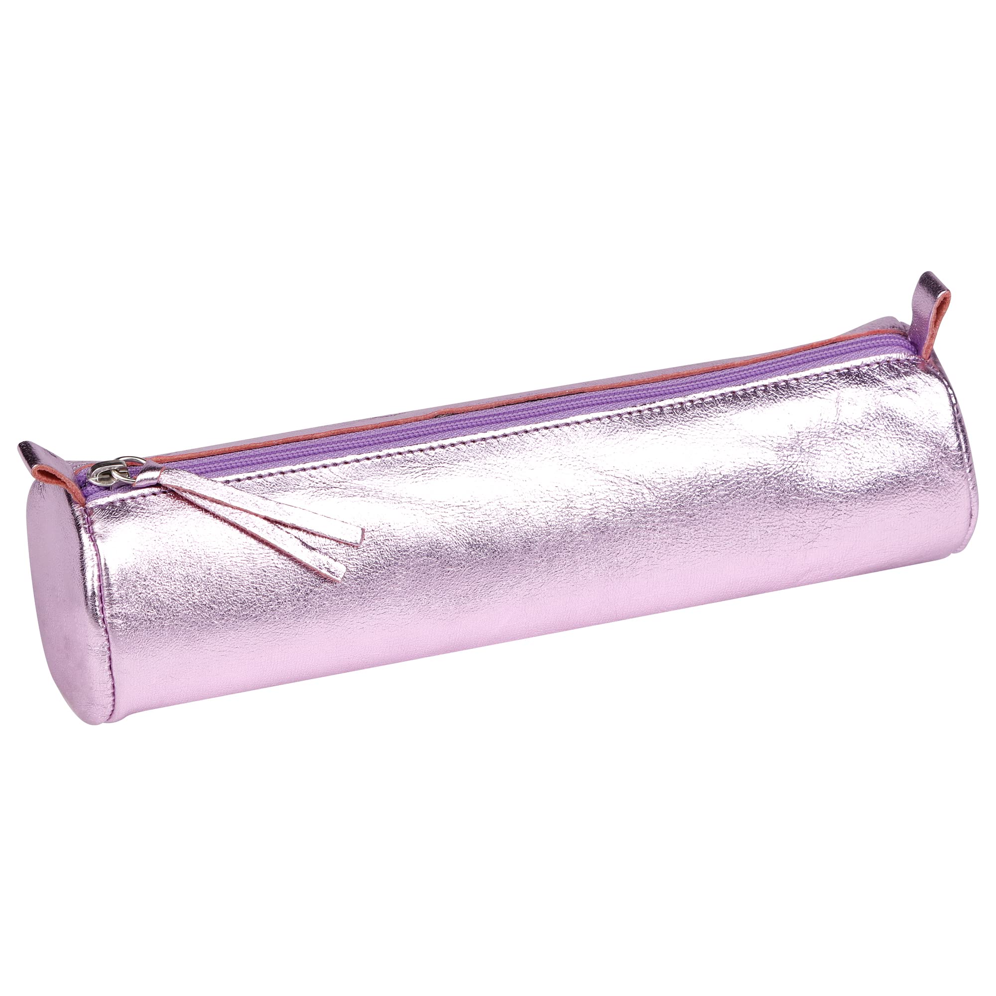Clairefontaine - Ref 410121C - Miror' Leather Round Pencil Case - 22cm x 5.5cm, Made From Genuine Lambskin Leather, Metal Zip With Leather Puller - Pink