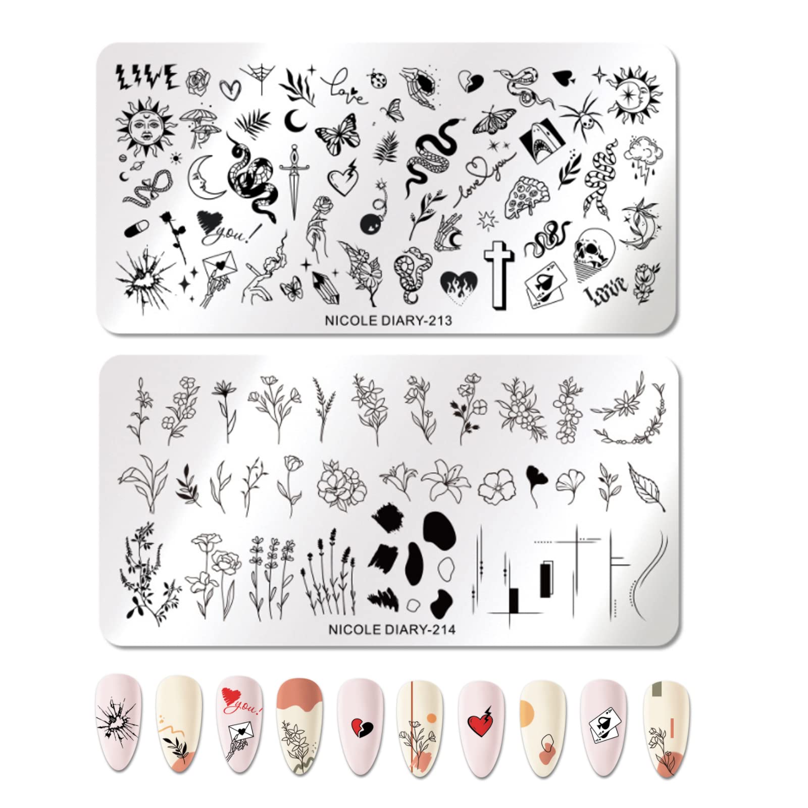 Nail Stamping Plates, 2 Pcs Nail Art Stamping Templates Leaves Flowers Butterfly Heart Nail Stamping Kit Manicure Tool for DIY Nail Art Design
